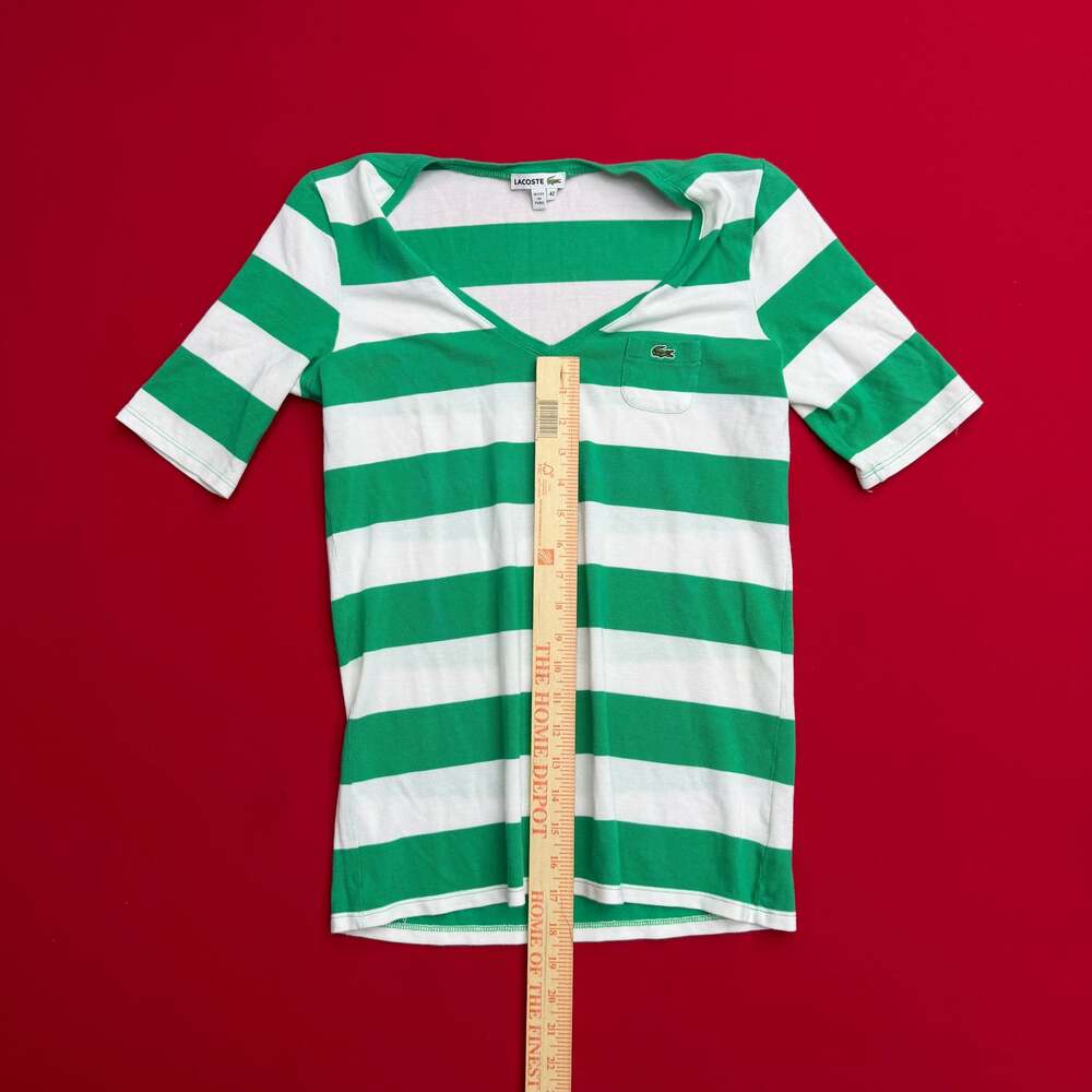 Vintage Lacoste Women's‎ Green and White Striped V-Neck T-Shirt - Picture 6 of 7